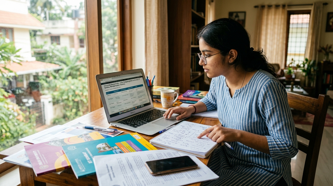 Student actively comparing degree requirements and course options on laptop