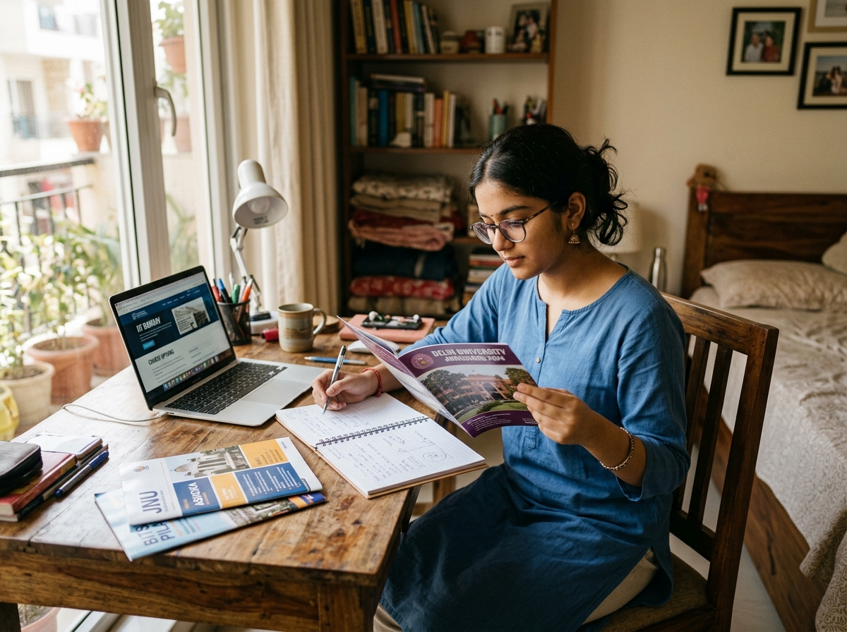 Student reviewing university brochures and academic paths at desk