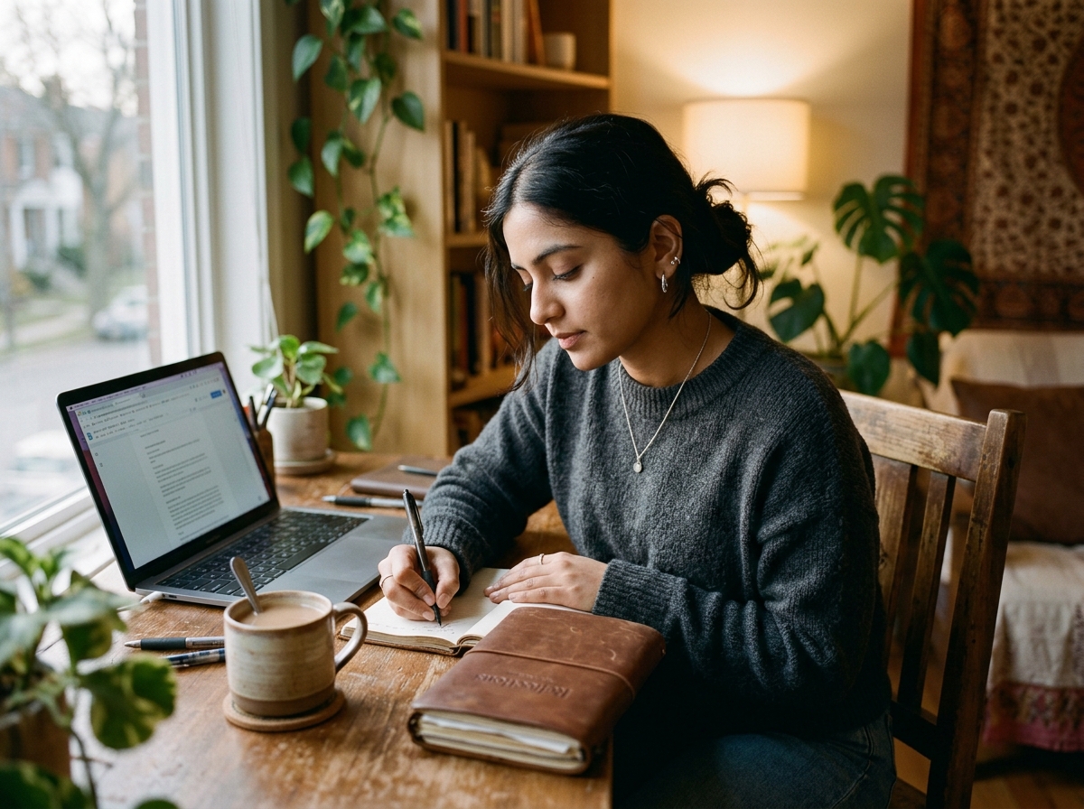 Young professional reflecting on career direction with journal and laptop